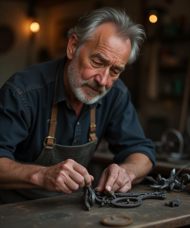 A master artisan carefully examining a piece of decorative ironwork in the Bloom & Build workshop.