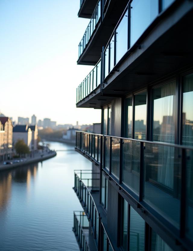 Sleek, black steel balconies on a modern apartment building overlooking the water.