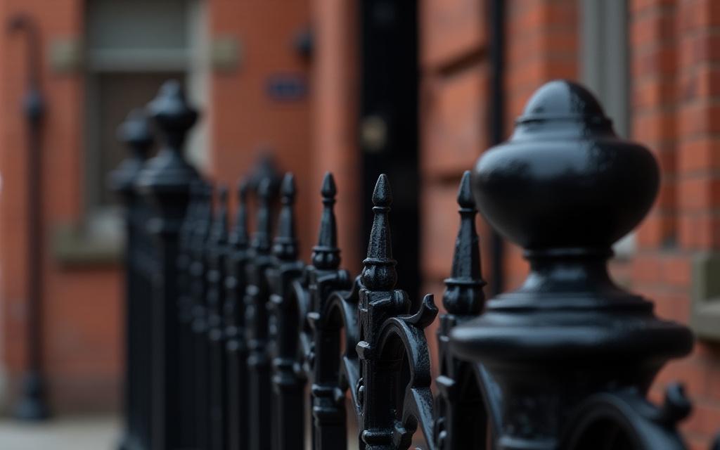 Close-up of a restored black iron railing with intricate details, in front of a Georgian red brick building.