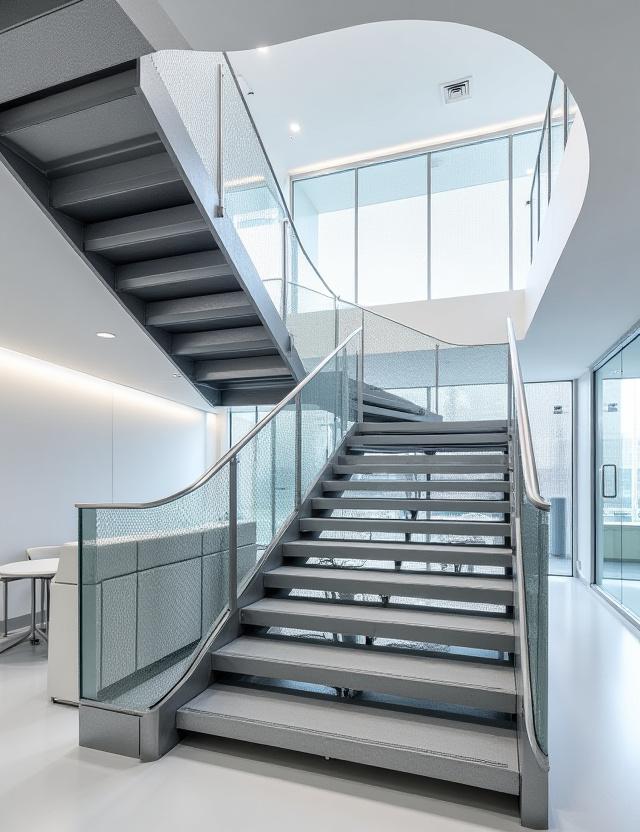 A striking industrial-style floating staircase inside a modern office space.