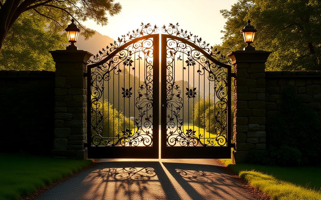 Imposing and artistic wrought iron gates at the entrance to a country manor.