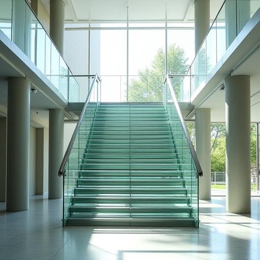 A modern, custom-built steel and glass staircase in a sunlit atrium.