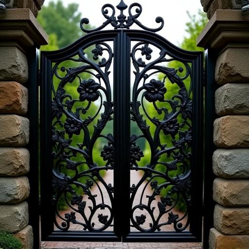 An intricate, hand-forged wrought iron gate with a floral motif.