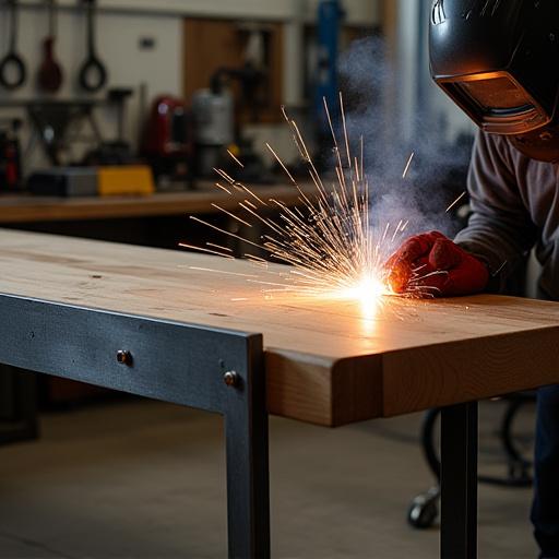 A custom-designed steel and wood table being welded in the workshop.