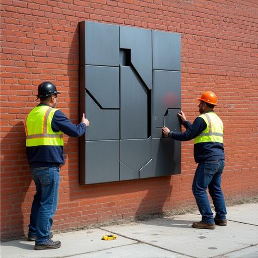 A team carefully installing a large metal art piece onto a brick wall.