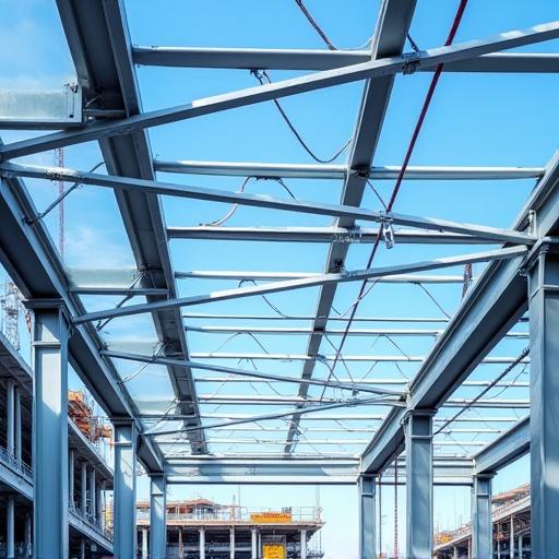 Exposed structural steel beams forming the frame of a modern commercial building.